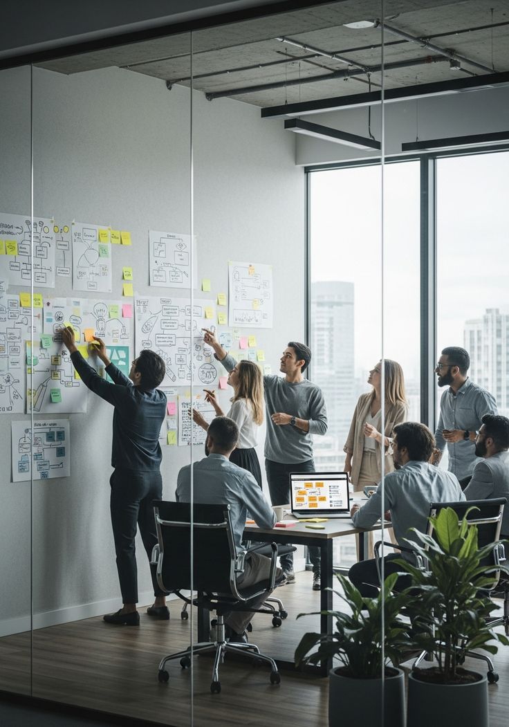 Professionals looking at a world map